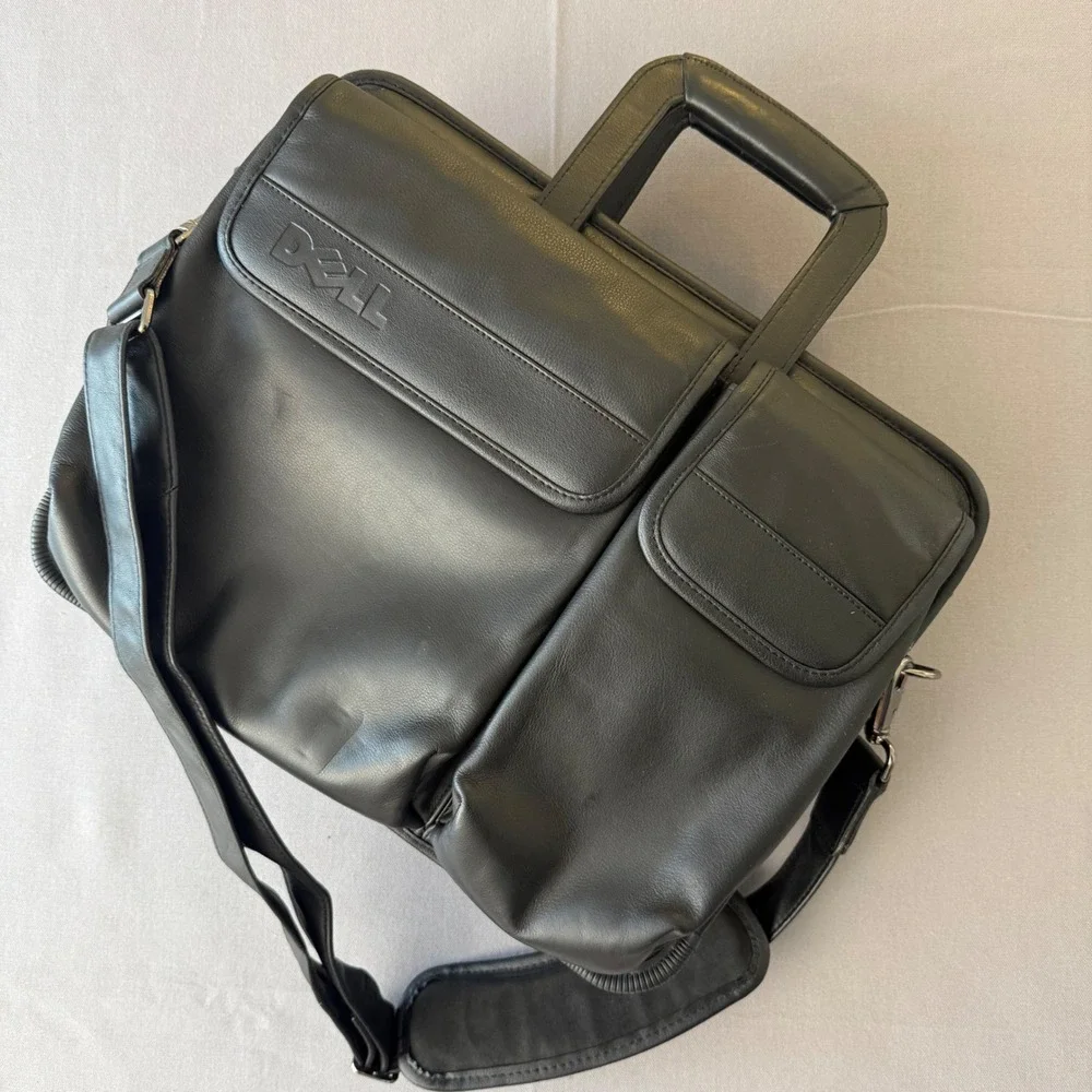 Dell Black Leather Laptop Messenger Bag Briefcase‎ Retractable handles